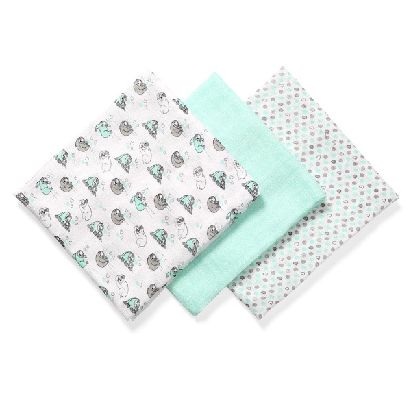 Babyono, Musselinkluter / Gulpekluter, Organisk Bambus, 3 pk - Mint Sloth