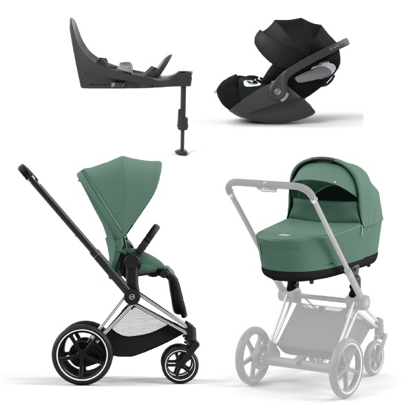 Cybex, Barnevogn, Platinum Line, e-Priam inkl. Cloud T & Base T - Leaf Green/Chrome Black