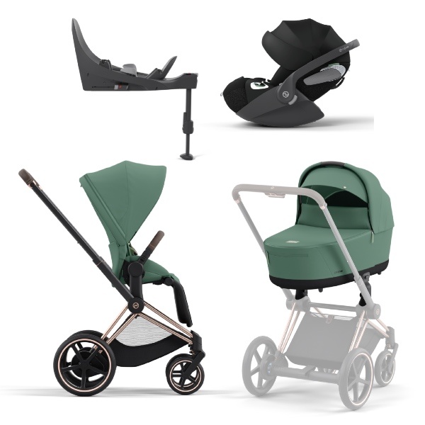 Cybex, Barnevogn, Platinum Line, e-Priam inkl. Cloud T & Base T - Leaf Green/Rosegold
