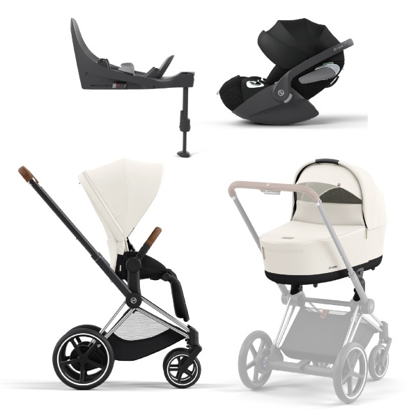 Cybex, Barnevogn, Platinum Line, e-Priam inkl. Cloud T & Base T - Off White/Chrome Brown